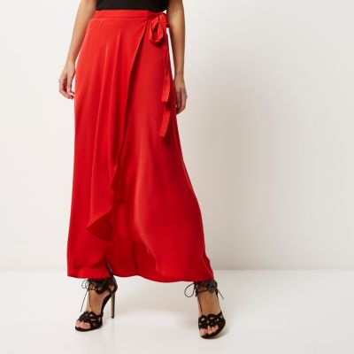 Red wrap front maxi skirt